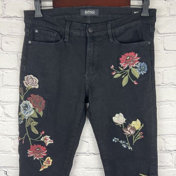 Buffalo David Bitton Faith Mid Rise Skinny Black Denim‎ Jeans Embroidered Floral - Picture 3 of 12